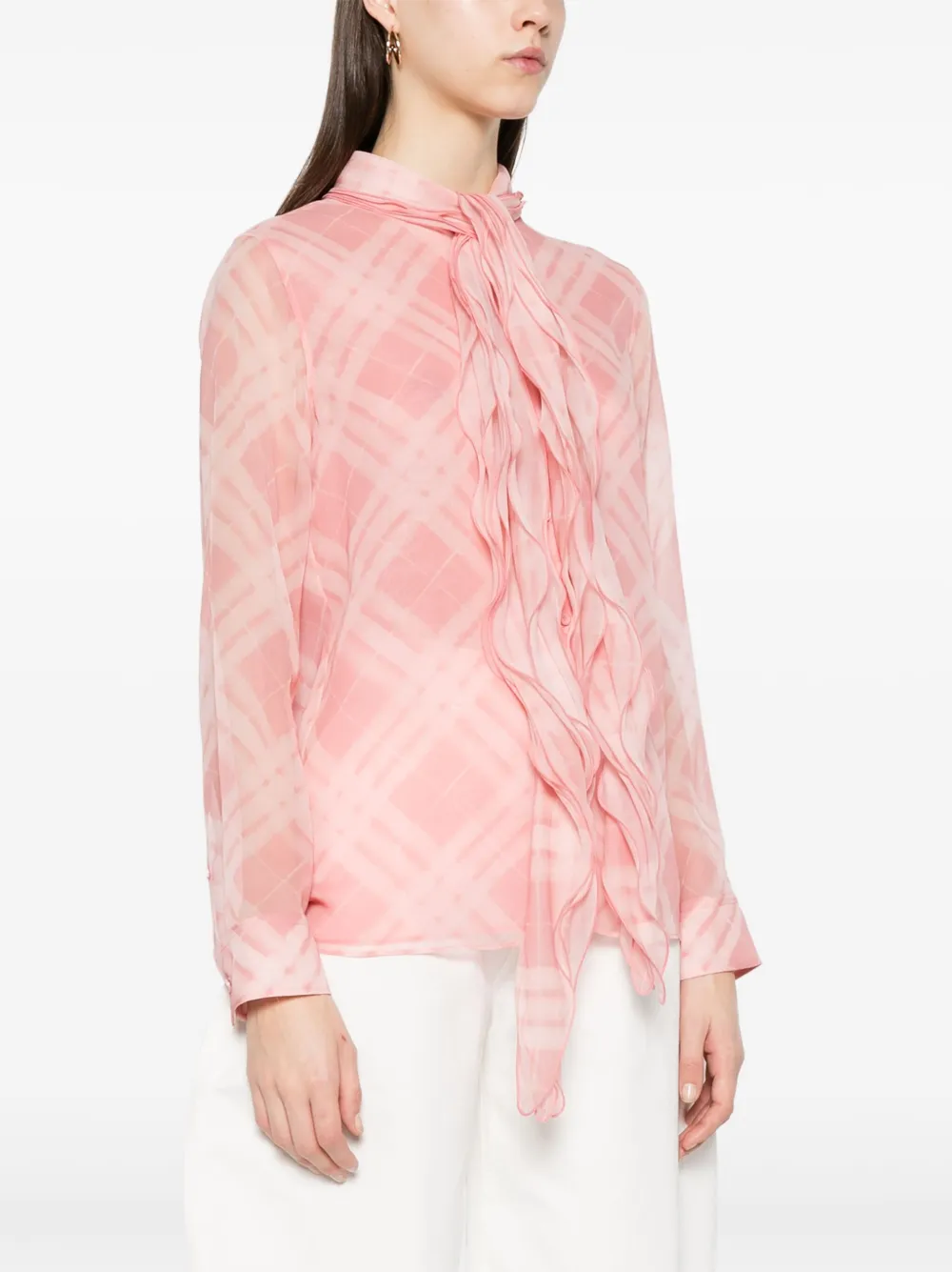 BURBERRY Checked Silk Blouse with Gathered Scarf - Regular Fit