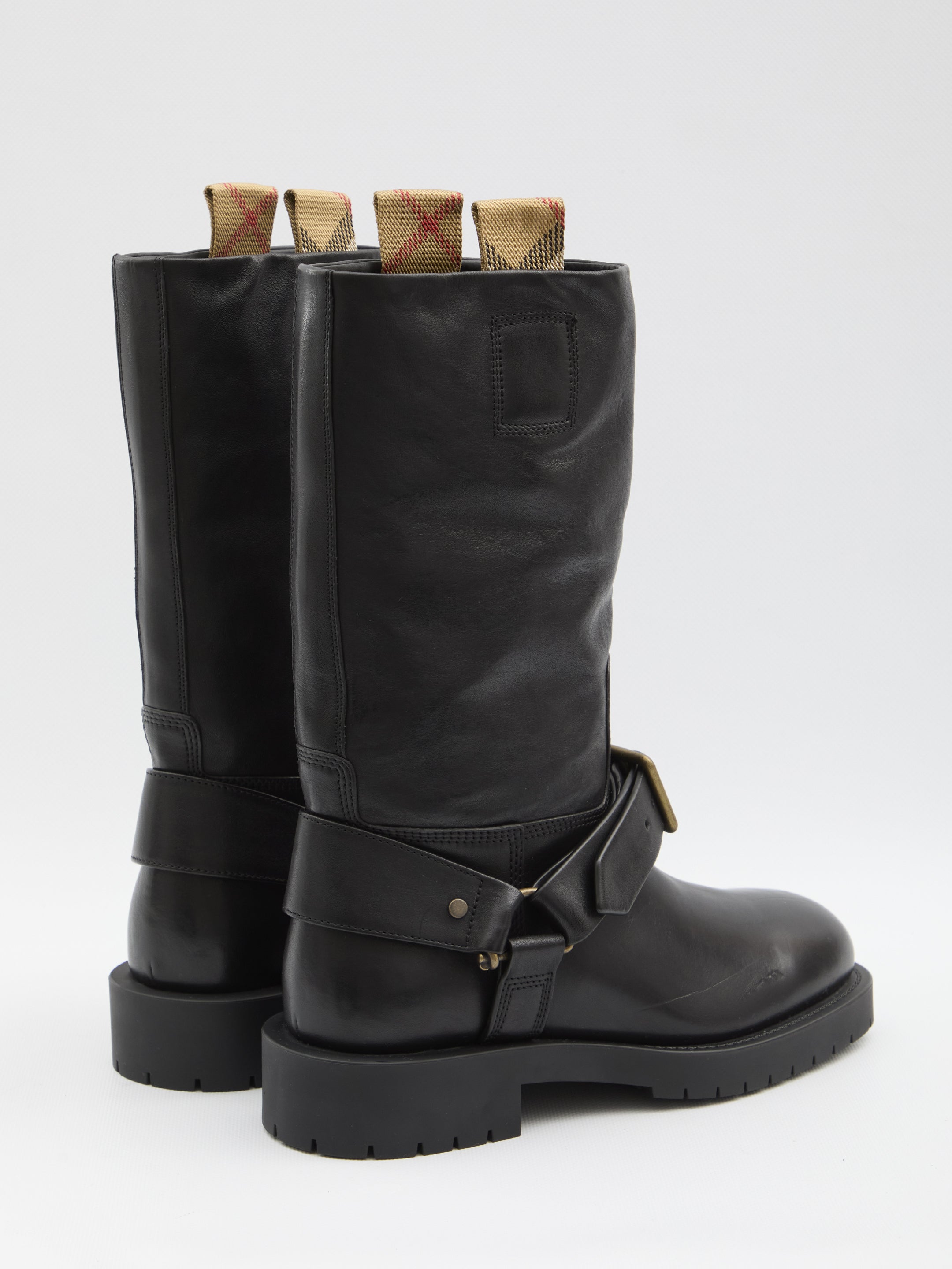 BURBERRY Equestrian-Inspired Saddle Boots with B-Shaped Buckle Strap - Heel Height: 2cm