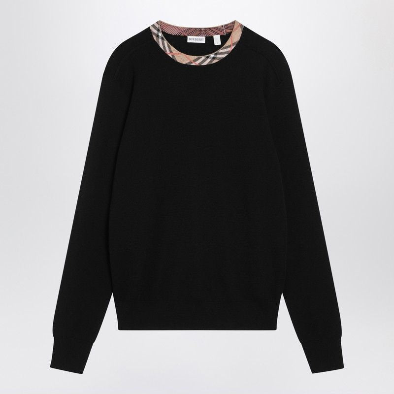 BURBERRY Crew Neck Wool Sweater with Check Collar Details