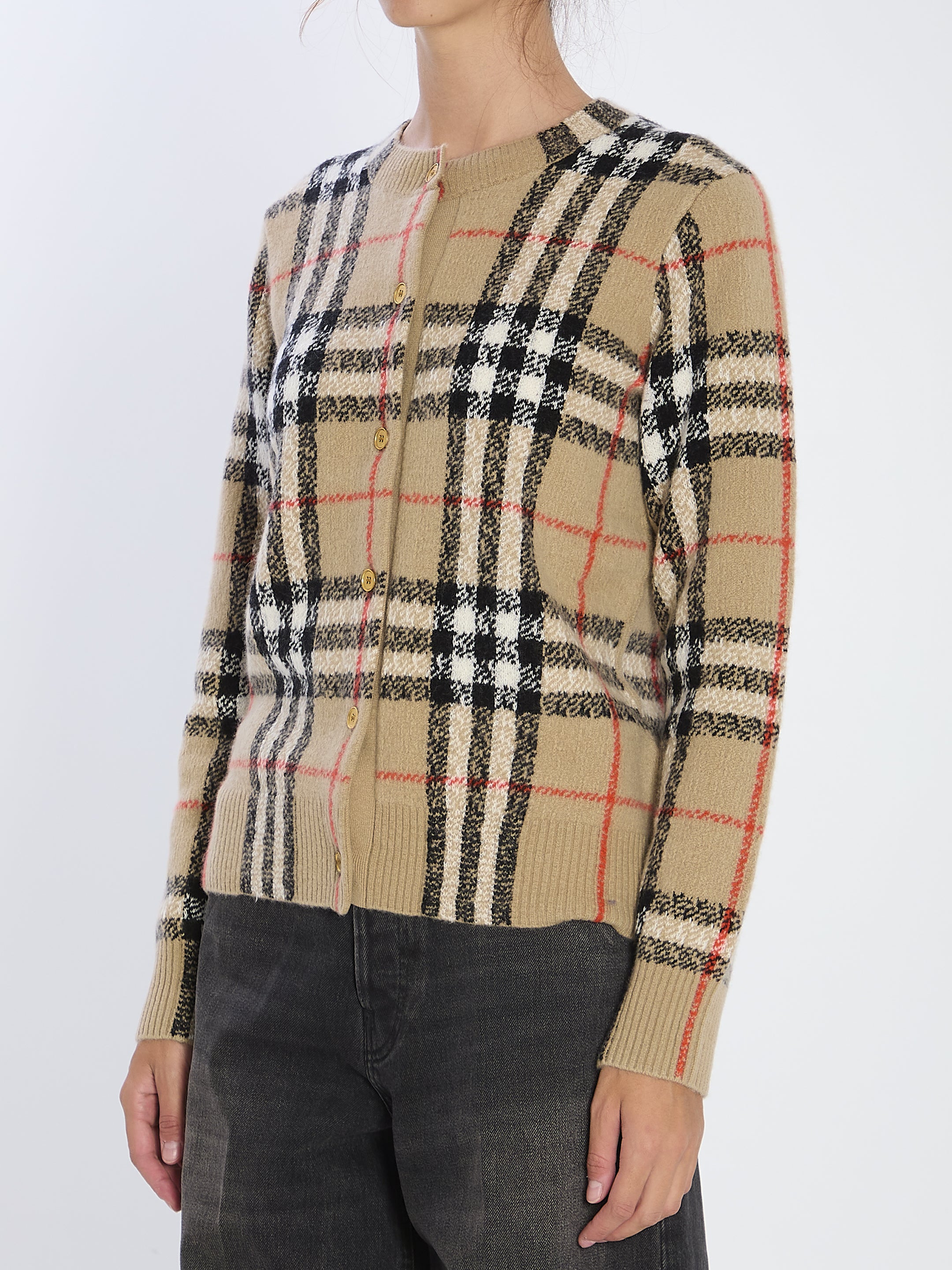 BURBERRY Check Pattern Wool and Cashmere Cardigan - Size S