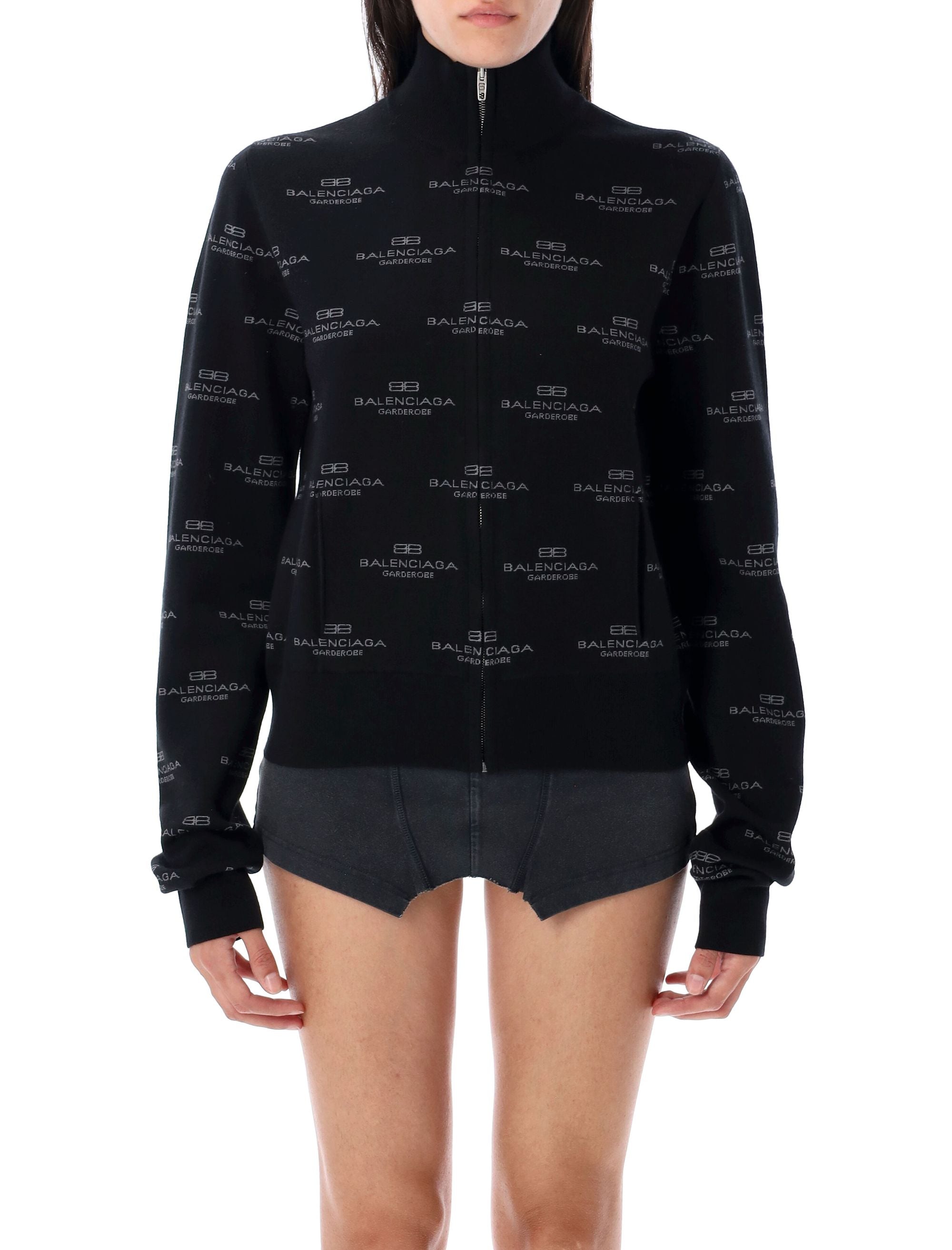 BALENCIAGA All Over Logo Pattern Mock Neck Sweater