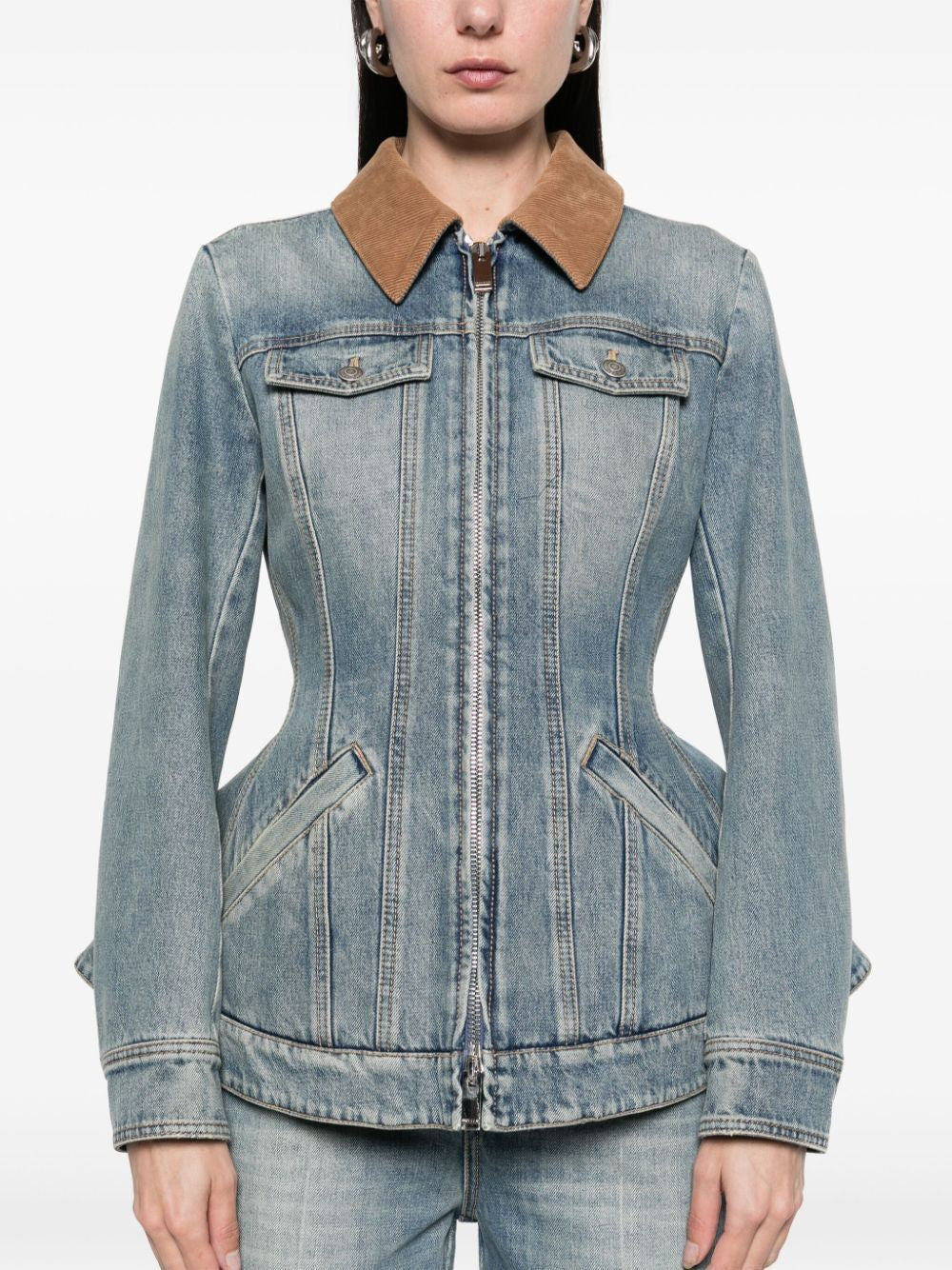ALEXANDER MCQUEEN Washed Denim Jacket with Ruffles