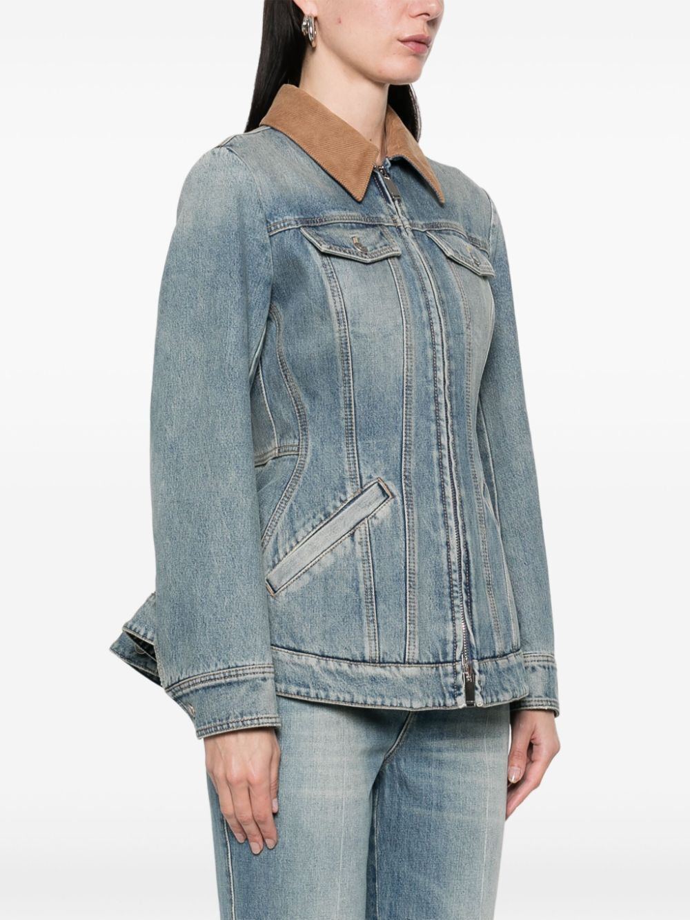 ALEXANDER MCQUEEN Washed Denim Jacket with Ruffles