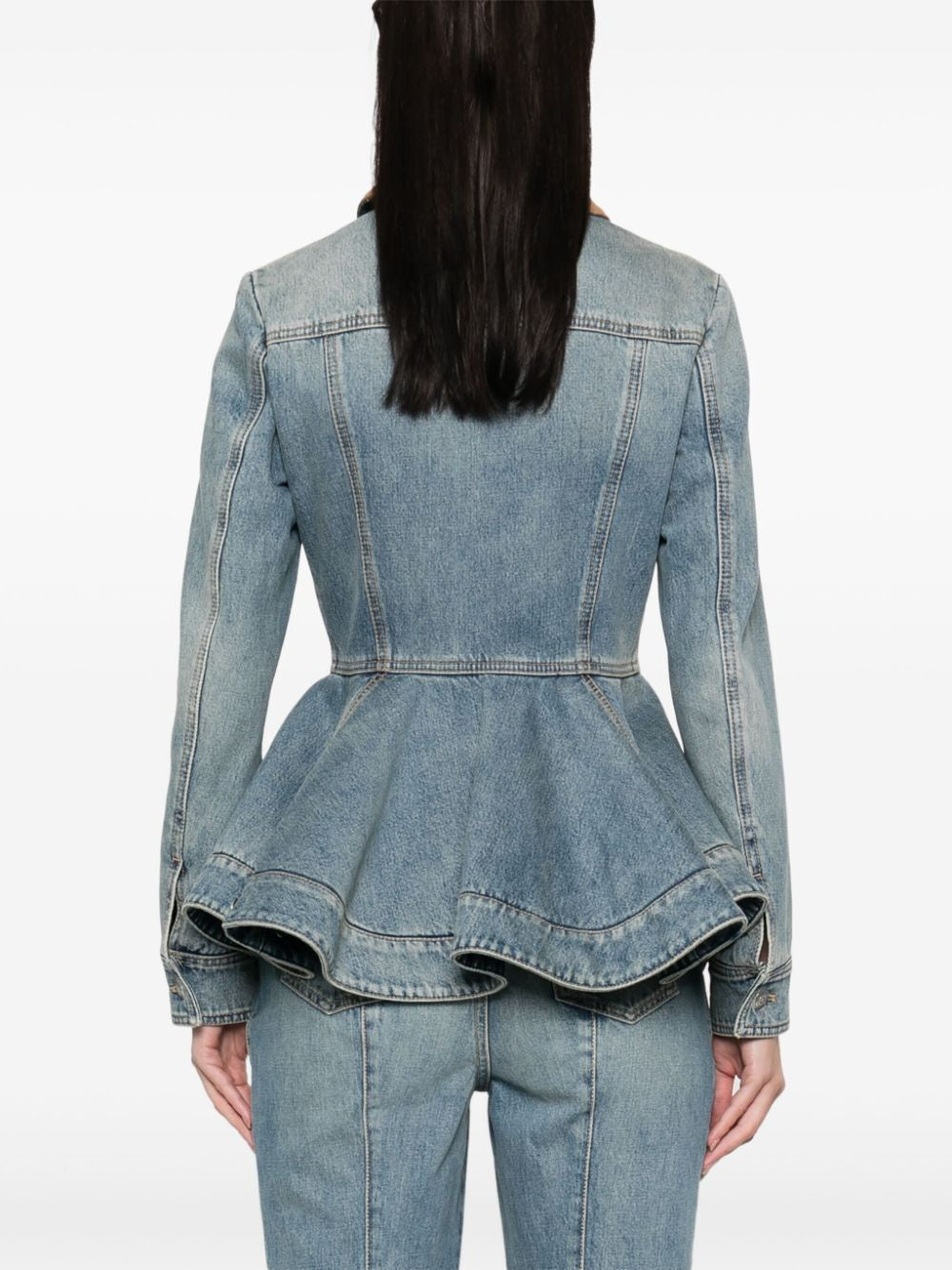 ALEXANDER MCQUEEN Washed Denim Jacket with Ruffles