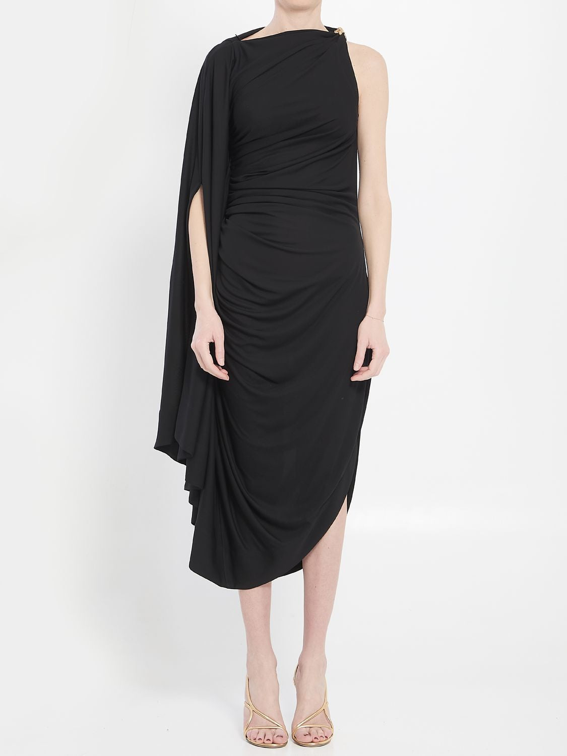 BOTTEGA VENETA Draped Midi Dress with Unique Metal Detail