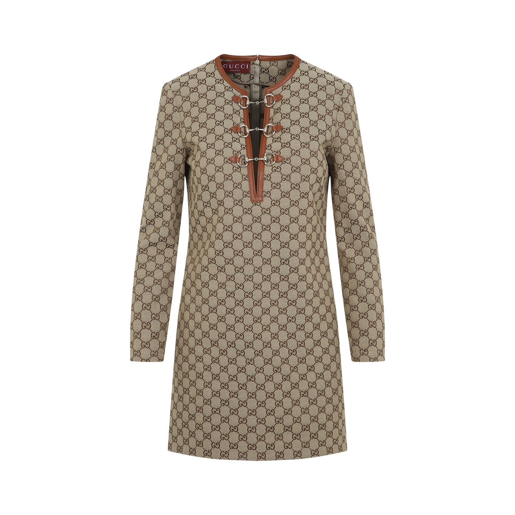 GUCCI GG Jacquard Fabric Dress with Leather Details