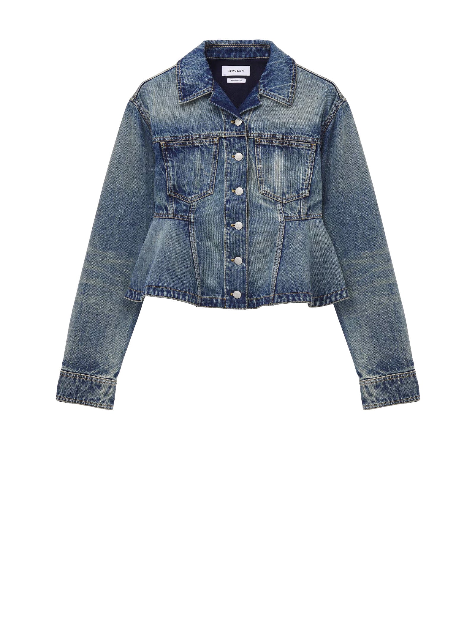 ALEXANDER MCQUEEN Stonewashed Indigo DéLavé Denim Ruffle Jacket