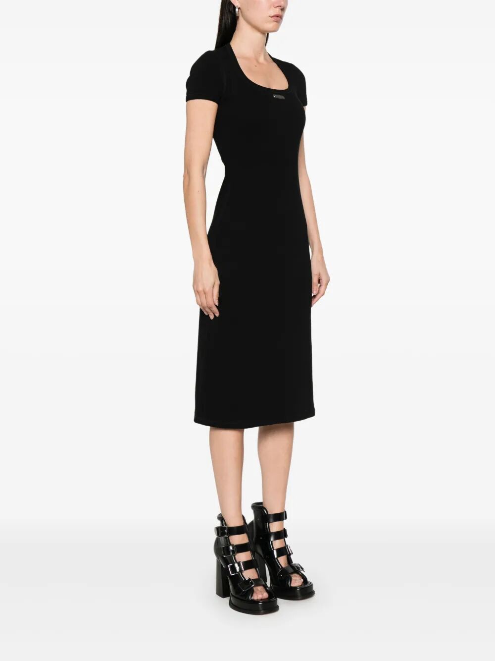 ALEXANDER MCQUEEN Ribbed Stretch Midi Dress with Logo Plaque