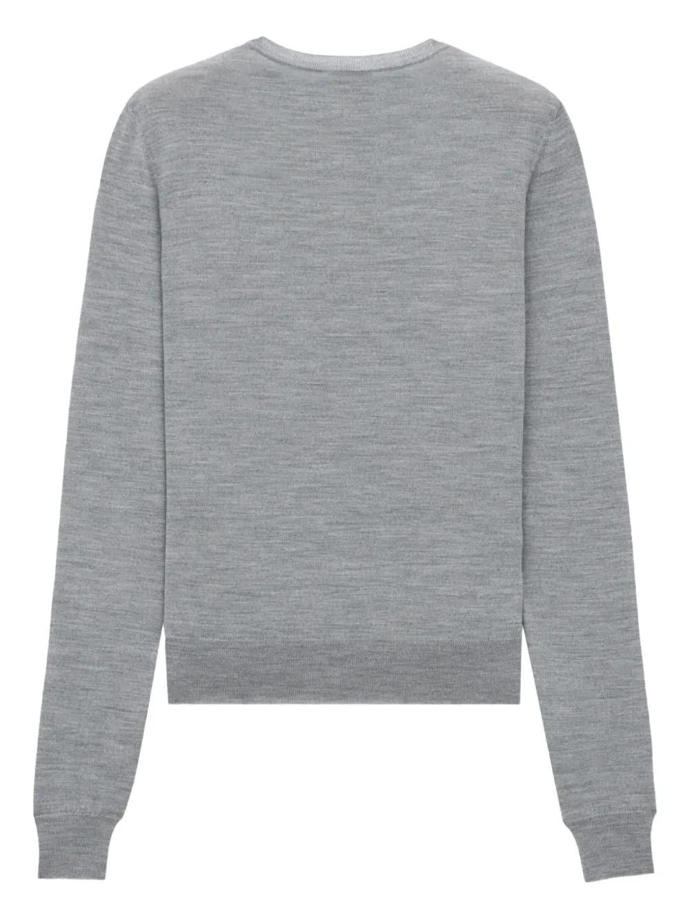 SAINT LAURENT Fitted Crew Neck Wool Sweater with Embroidered Detail