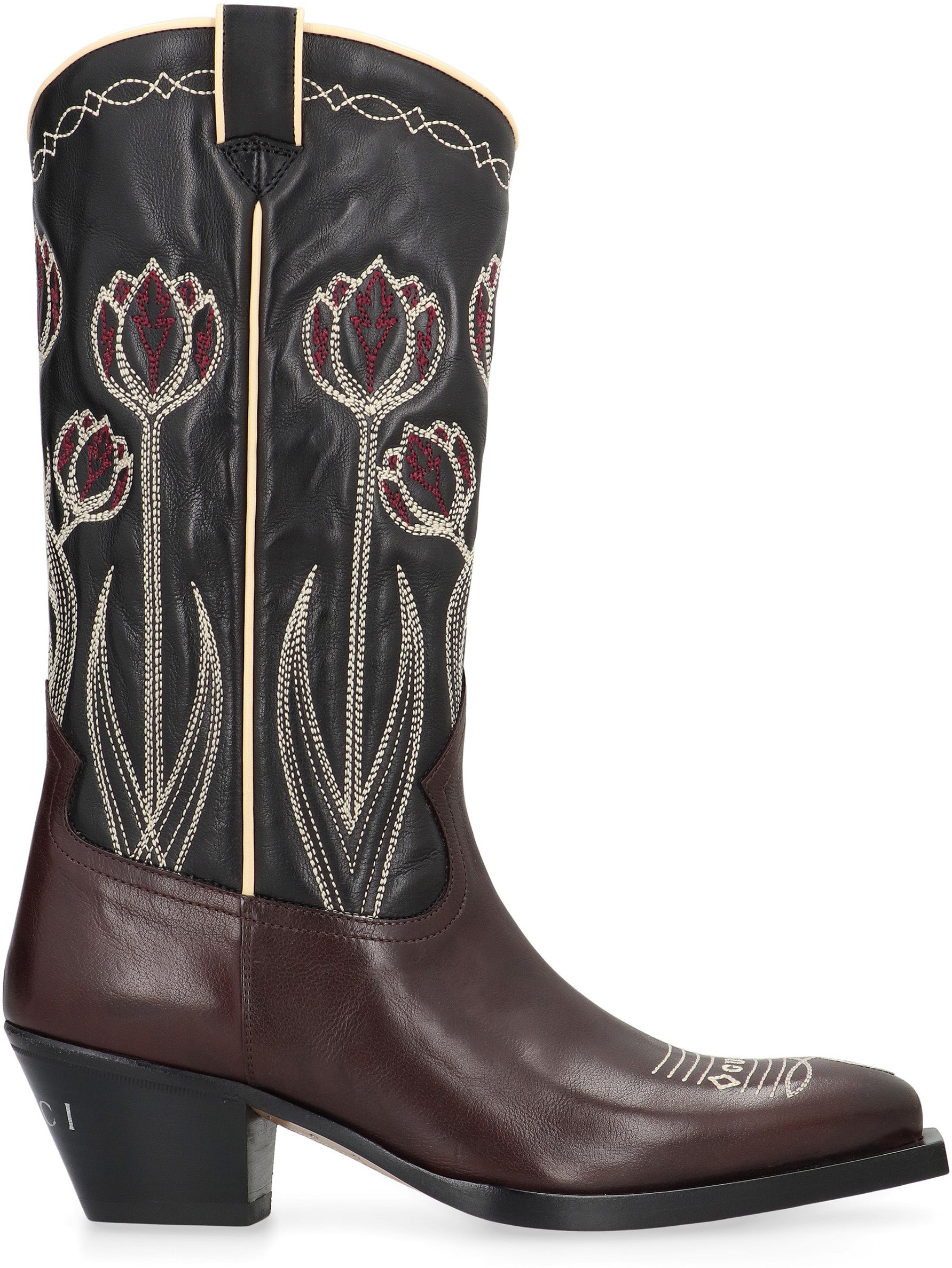 GUCCI Pointed Cowboy Boots with Floral Embroidery and Low Heel