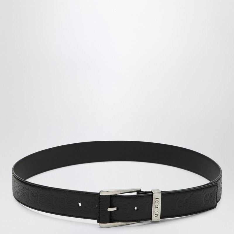 GUCCI Sleek Black Leather Belt with GG Pattern and Square Buckle