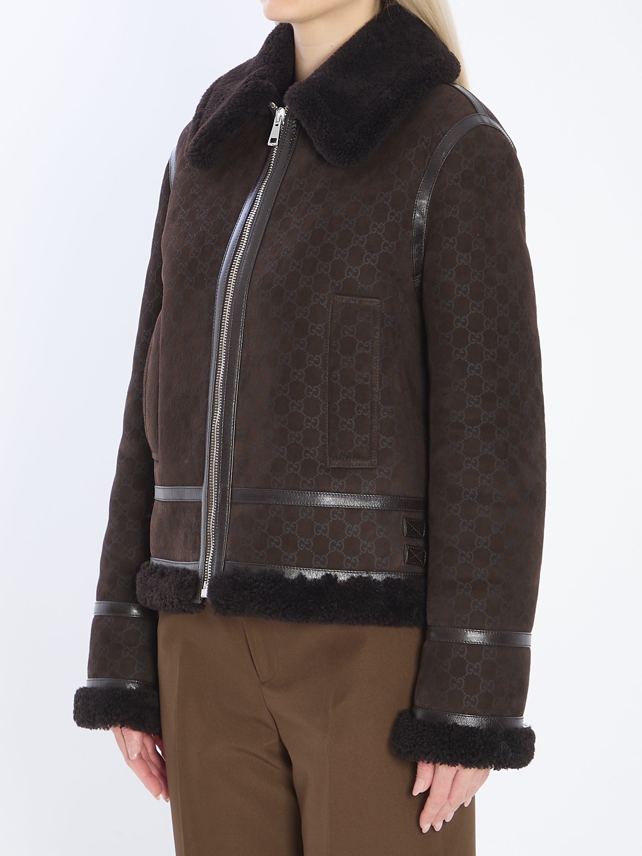 GUCCI Leather Jacket in Printed Suede and Shearling