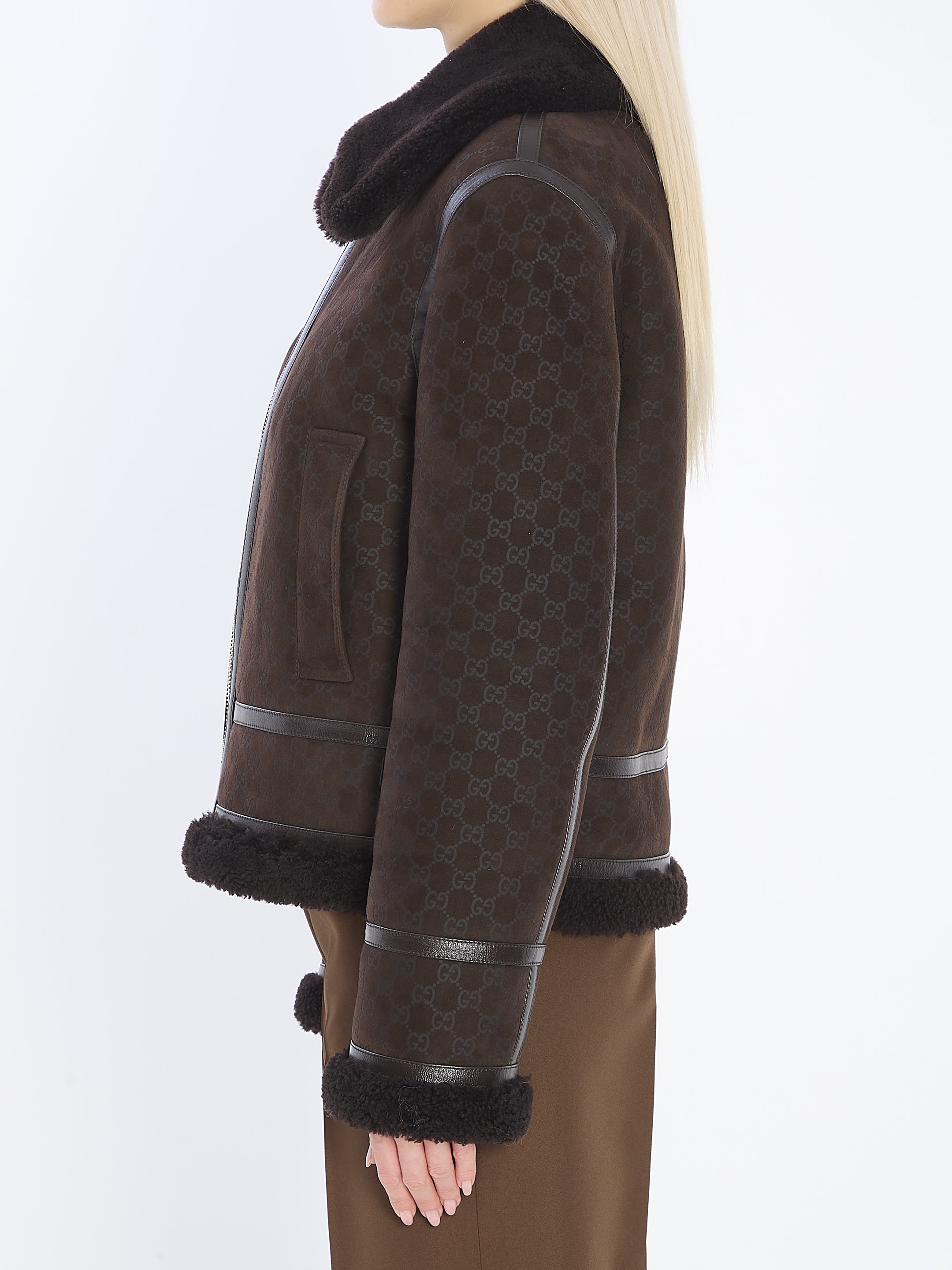 GUCCI Leather Jacket in Printed Suede and Shearling