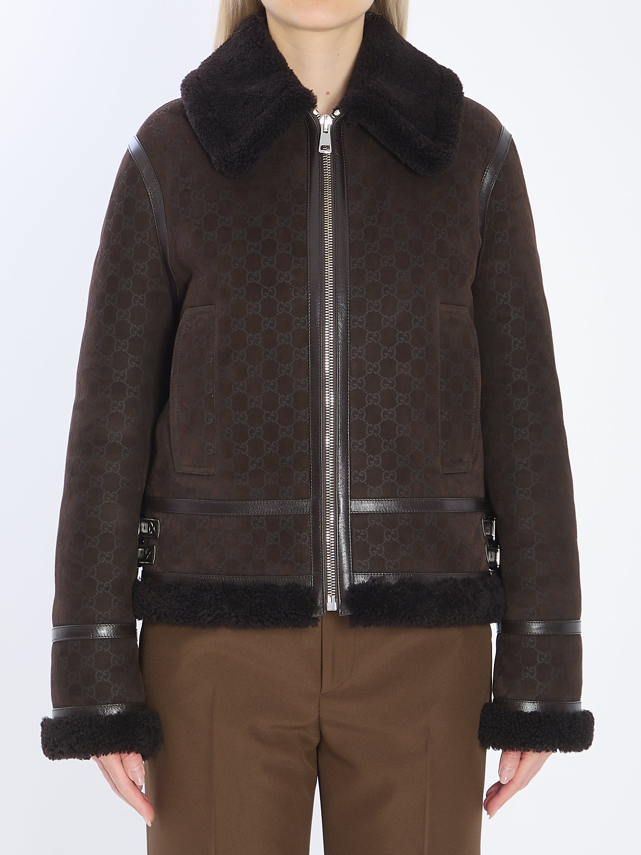 GUCCI Leather Jacket in Printed Suede and Shearling