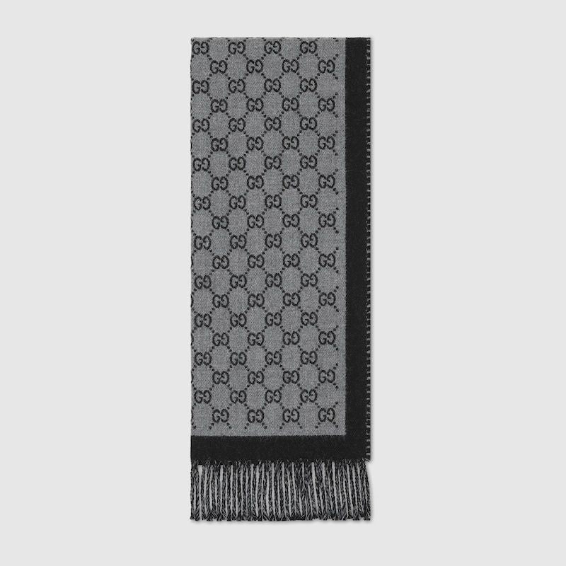 GUCCI Wool Jacquard Scarf with Fringed Trim - 13.3"W x 76.3"D