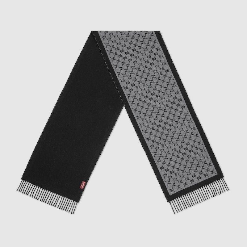 GUCCI Wool Jacquard Scarf with Fringed Trim - 13.3"W x 76.3"D