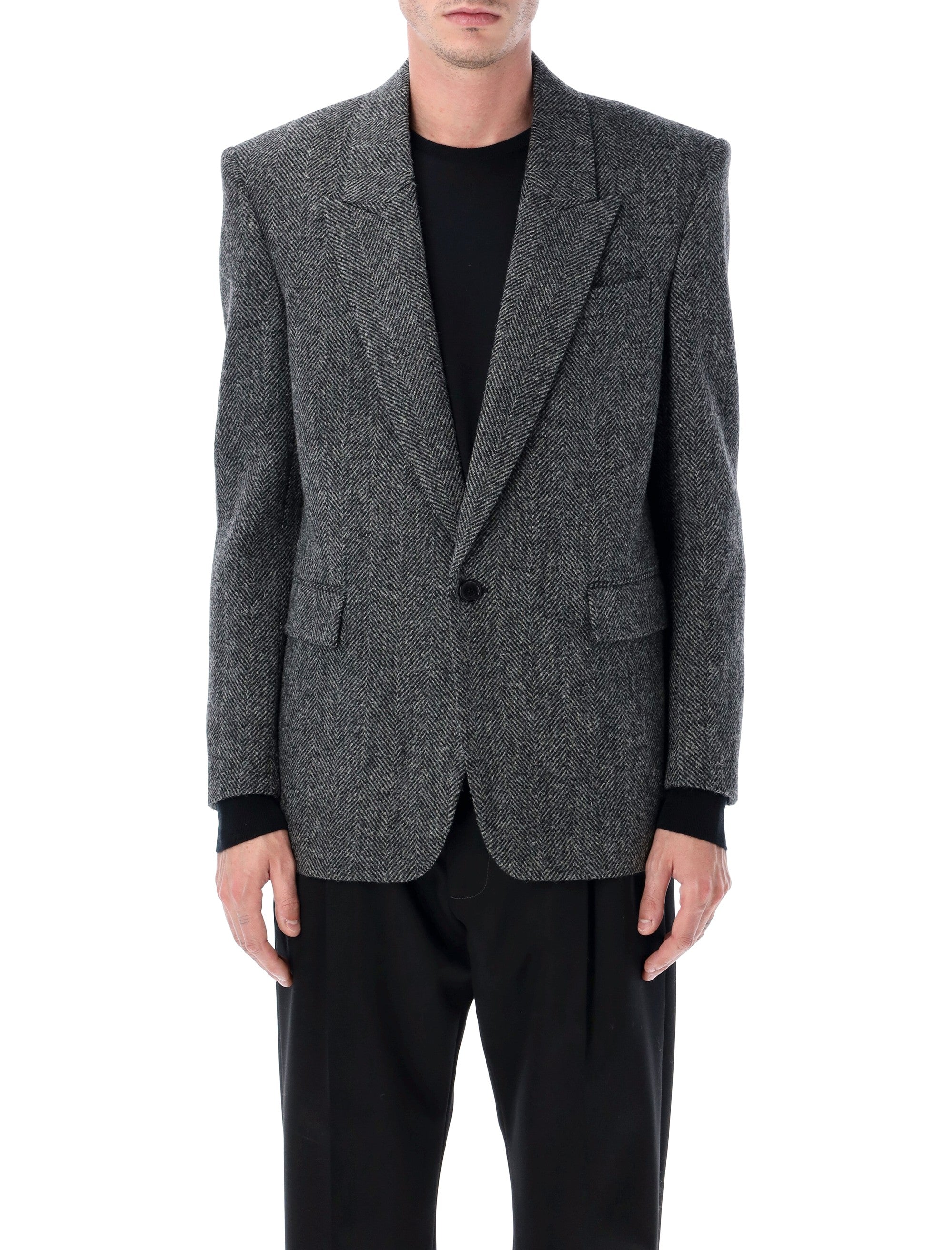SAINT LAURENT Oversized Single-Breasted Herringbone Wool Jacket - Size 50