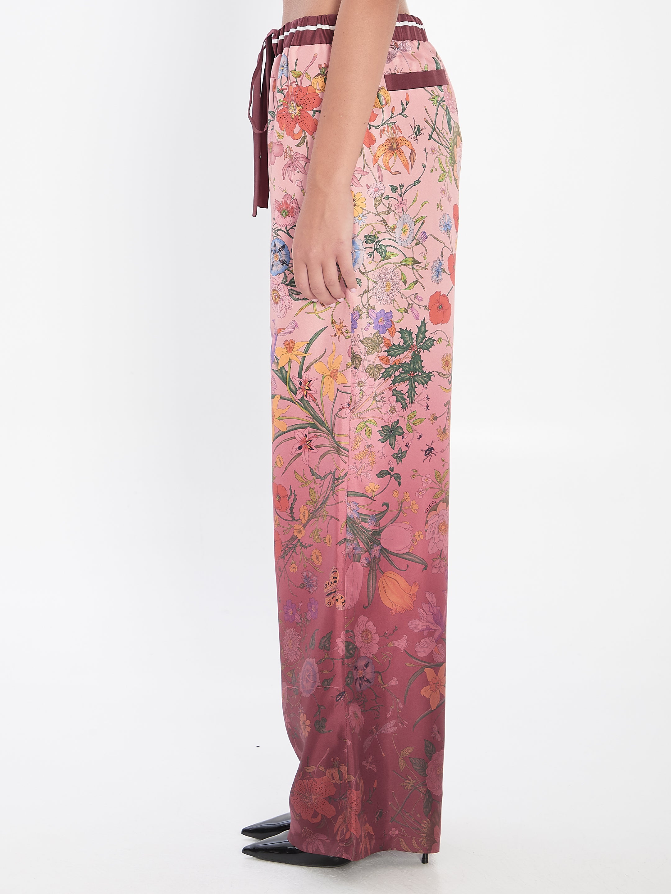 GUCCI Silk Twill Trousers with Gradient Floral Print - Size 40