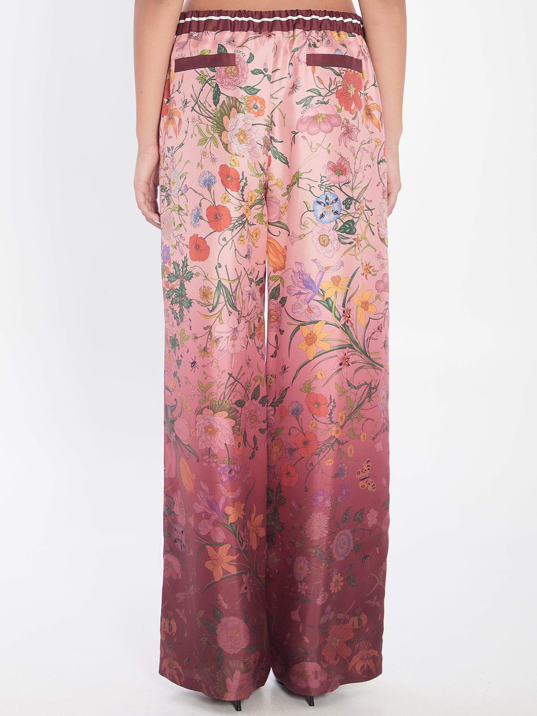 GUCCI Silk Twill Trousers with Gradient Floral Print - Size 40