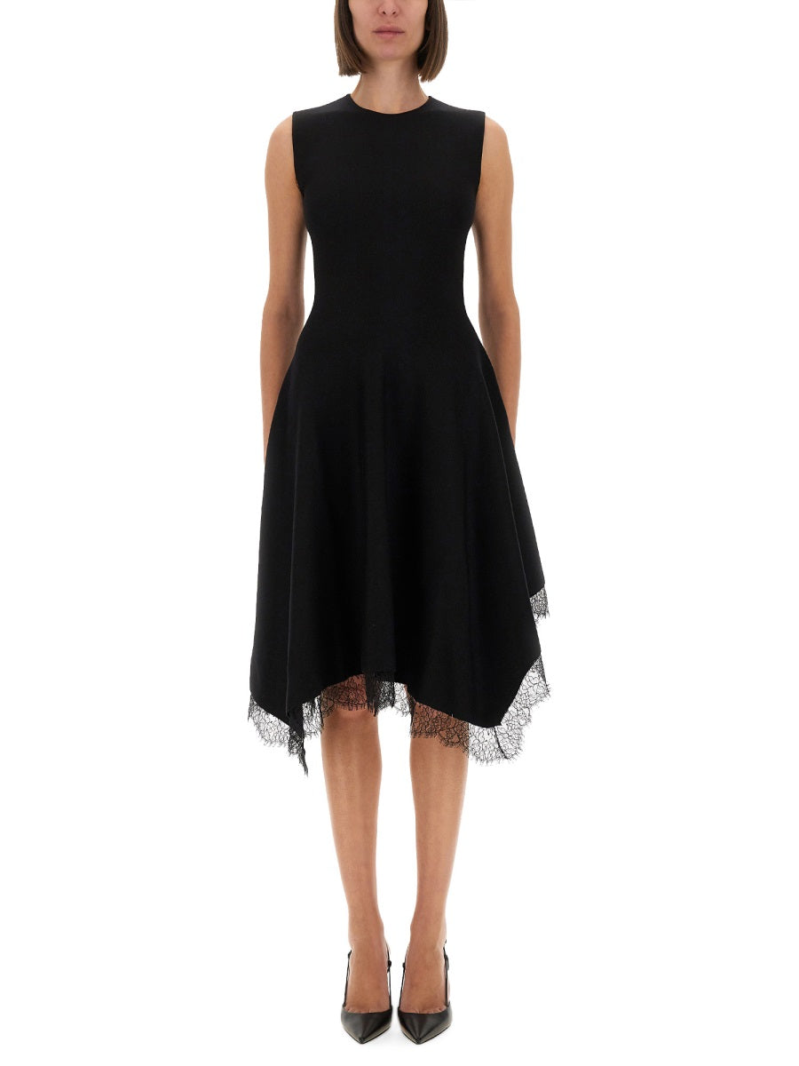 ALEXANDER MCQUEEN Asymmetrical Mini Dress with Lace Detailing - Slim Fit