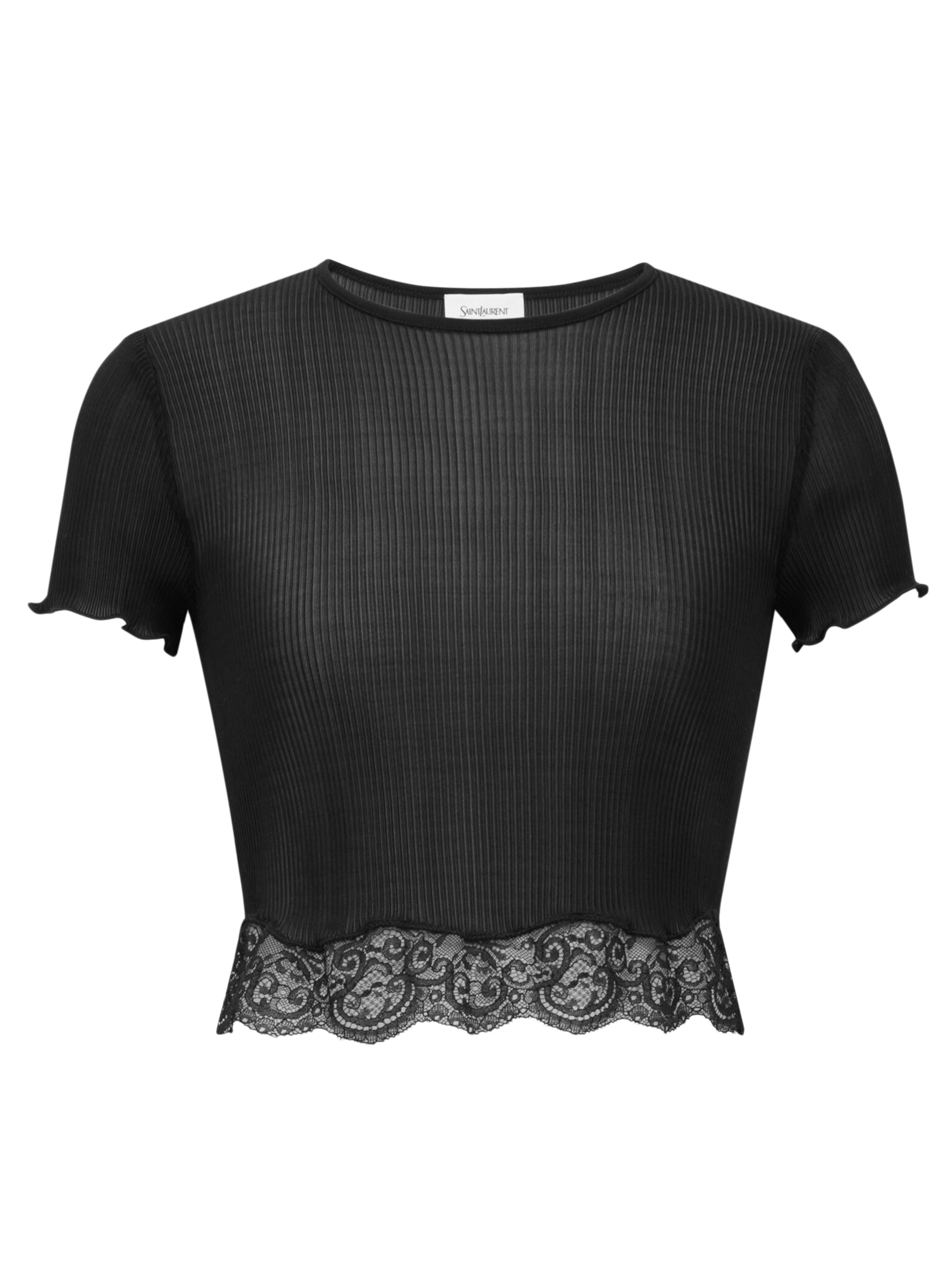 SAINT LAURENT Ribbed Silk and Lace T-Shirt - Women's Fitted Style
