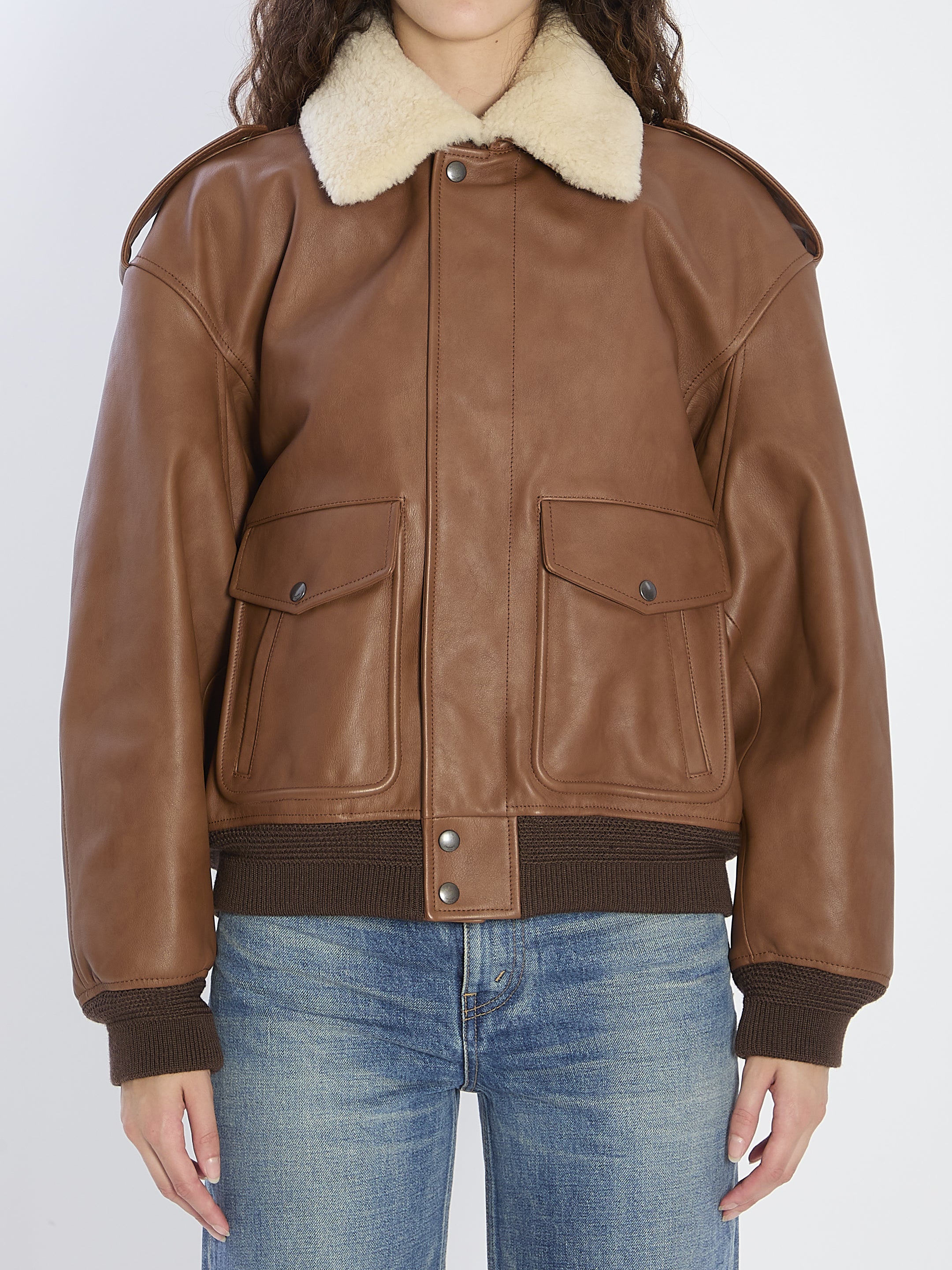 SAINT LAURENT Women's Bomber Jacket with Removable Shearling Collar - Size 38