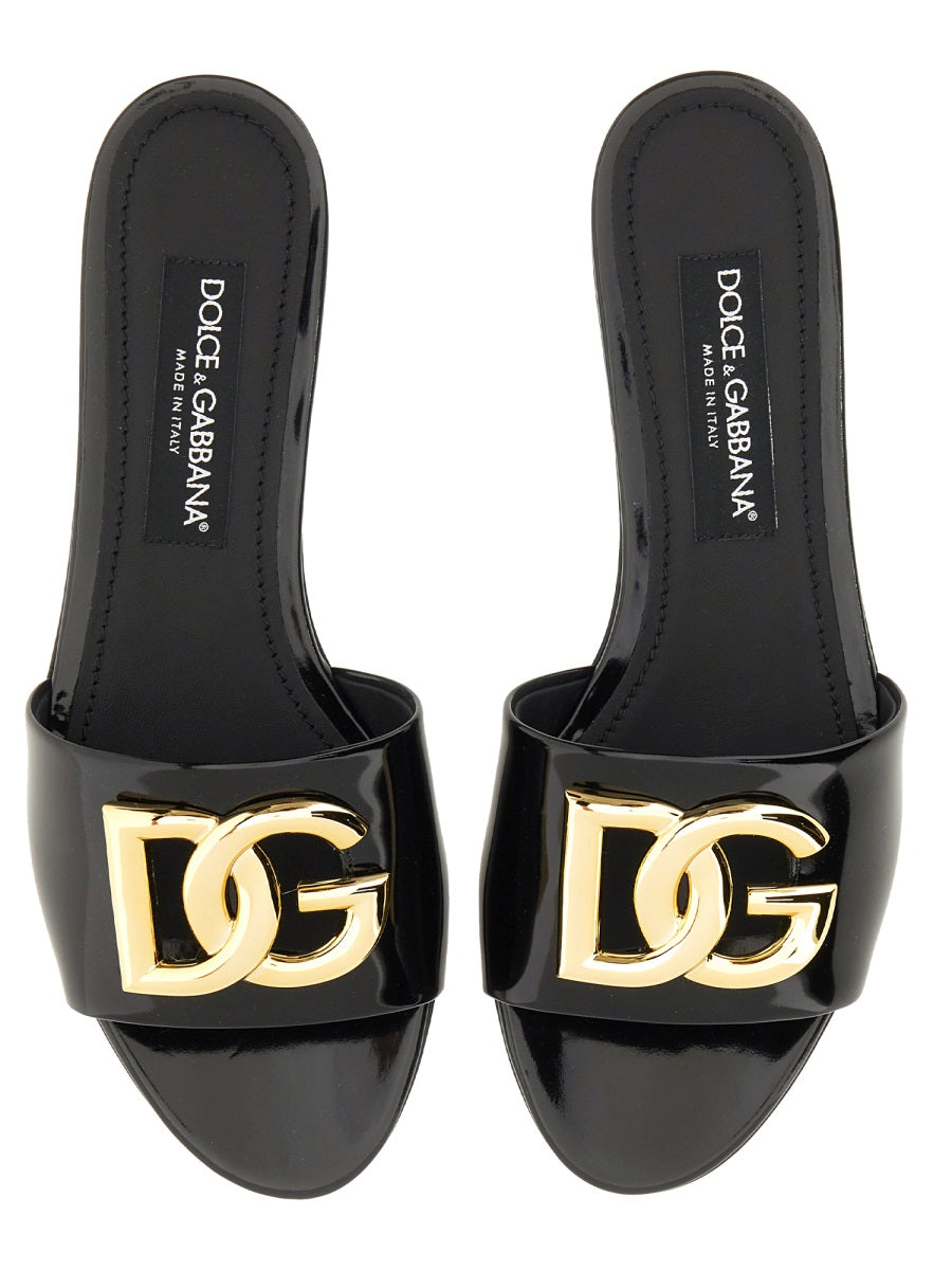 DOLCE & GABBANA Leather Sandals with Logo and 1 cm Heels