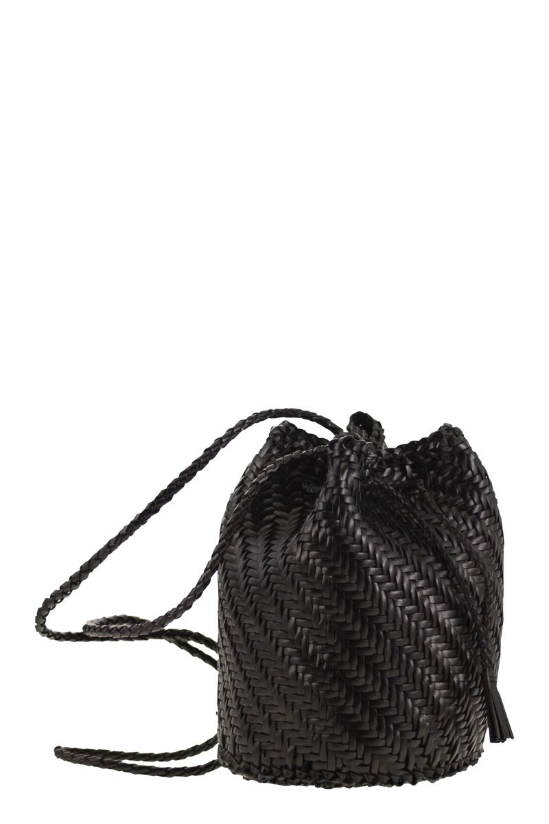 DRAGON Mini Woven Leather Bucket Handbag with Pompom Accent - 14 x 20 x 14 cm