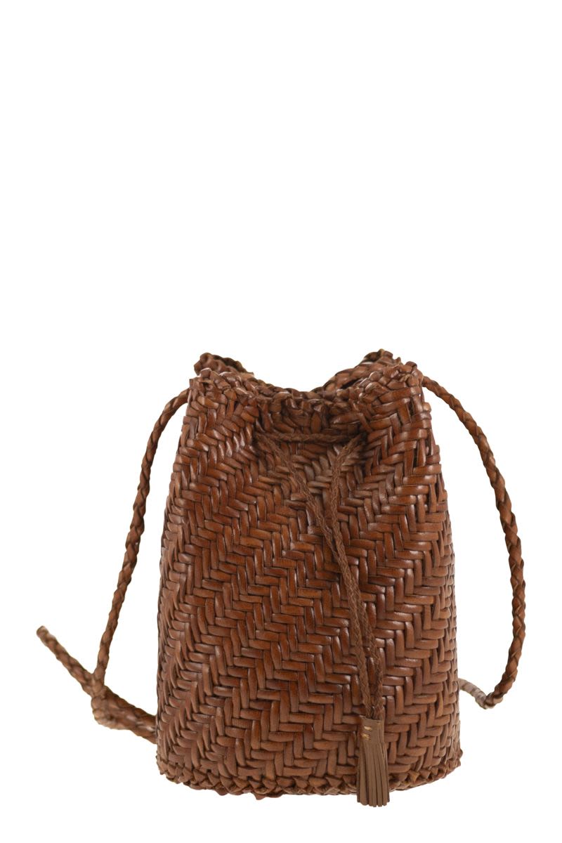 DRAGON Mini Pompom Double Jump Bucket Handbag with Woven Leather - 14x20x14 CM