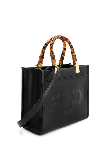 FENDI Mini Raffia & Canvas Sunshine Tote Handbag