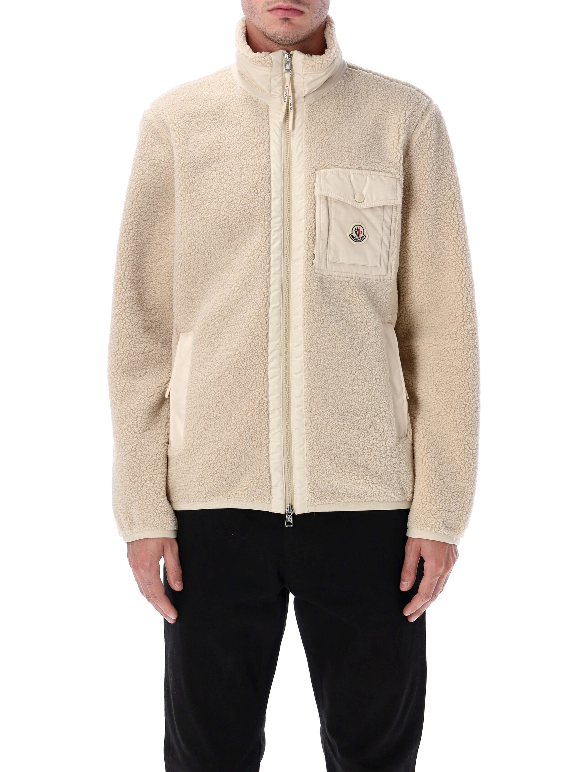 MONCLER Teddy Zip-Up Sweatshirt with Nylon Pocket - Size M
