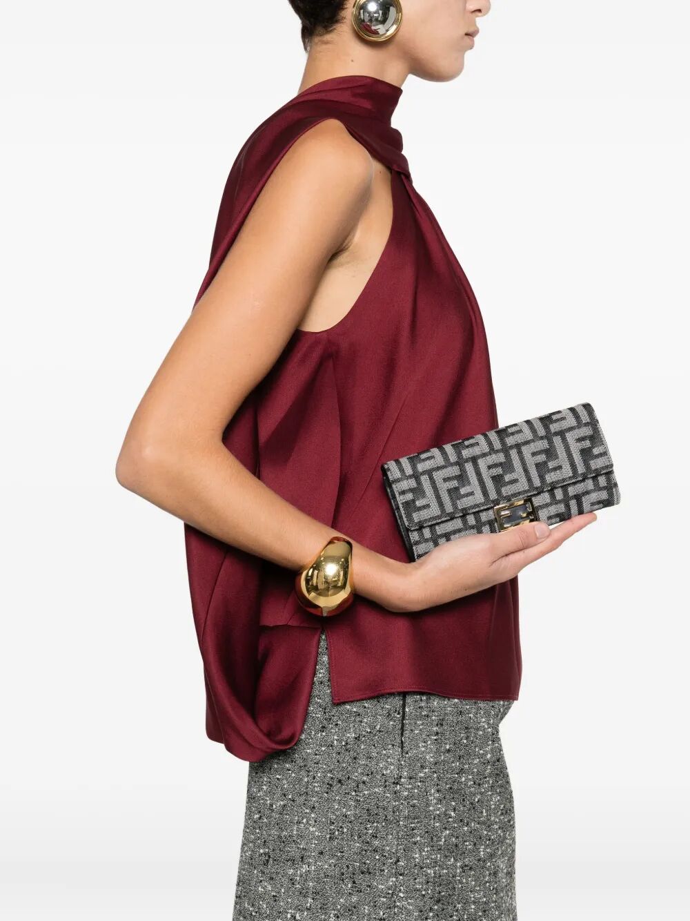 FENDI Denim-Effect FF Jacquard Baguette Continental Wallet with Chain - 19 x 9 x 1 CM