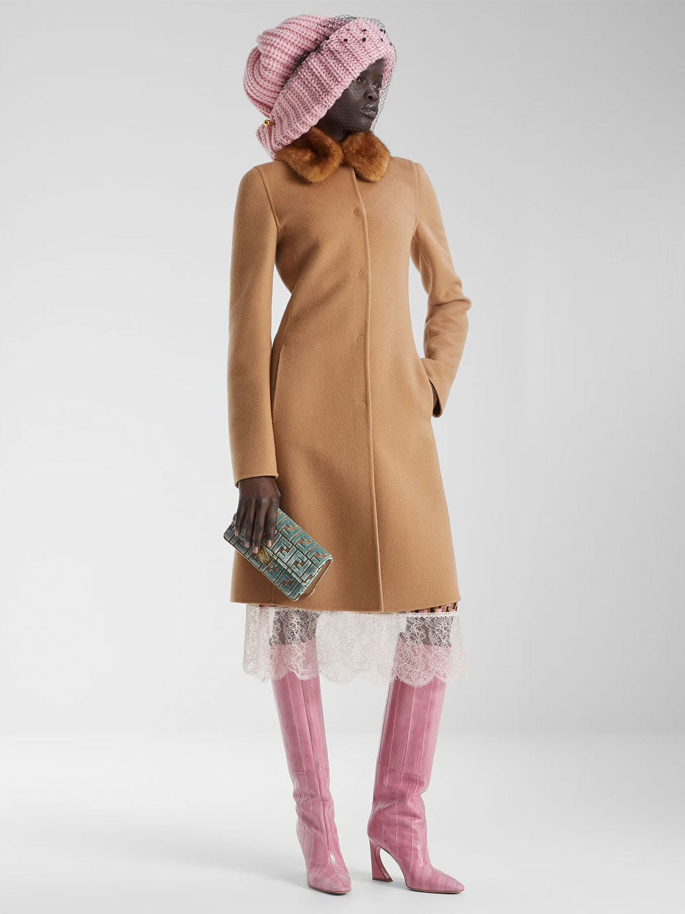 FENDI Mini Wallet on Chain Baguette Bag in FF Jacquard Velvet - 21 x 11.5 x 5 cm