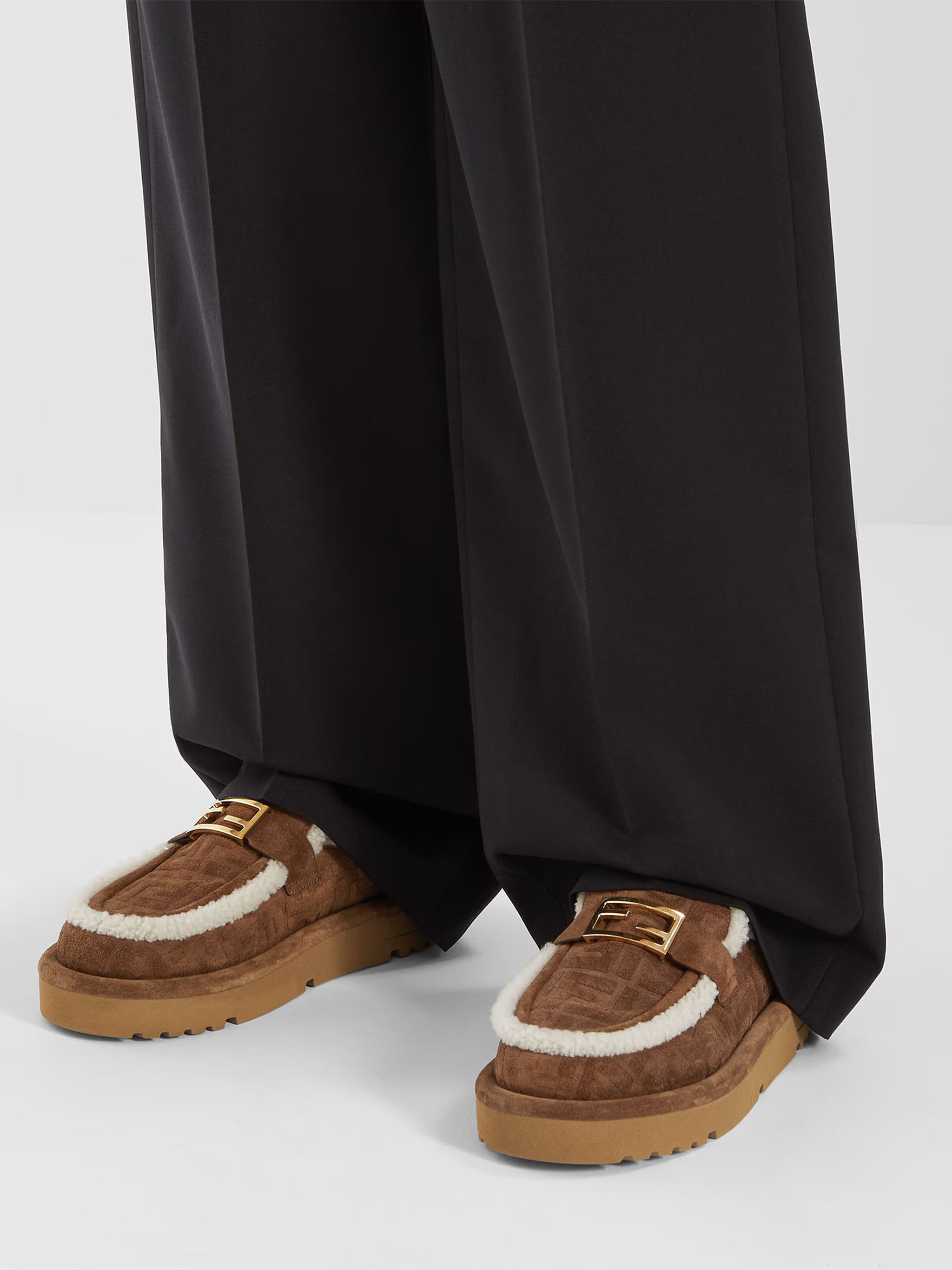 FENDI Apres Chic FF Suede and Shearling Sabots