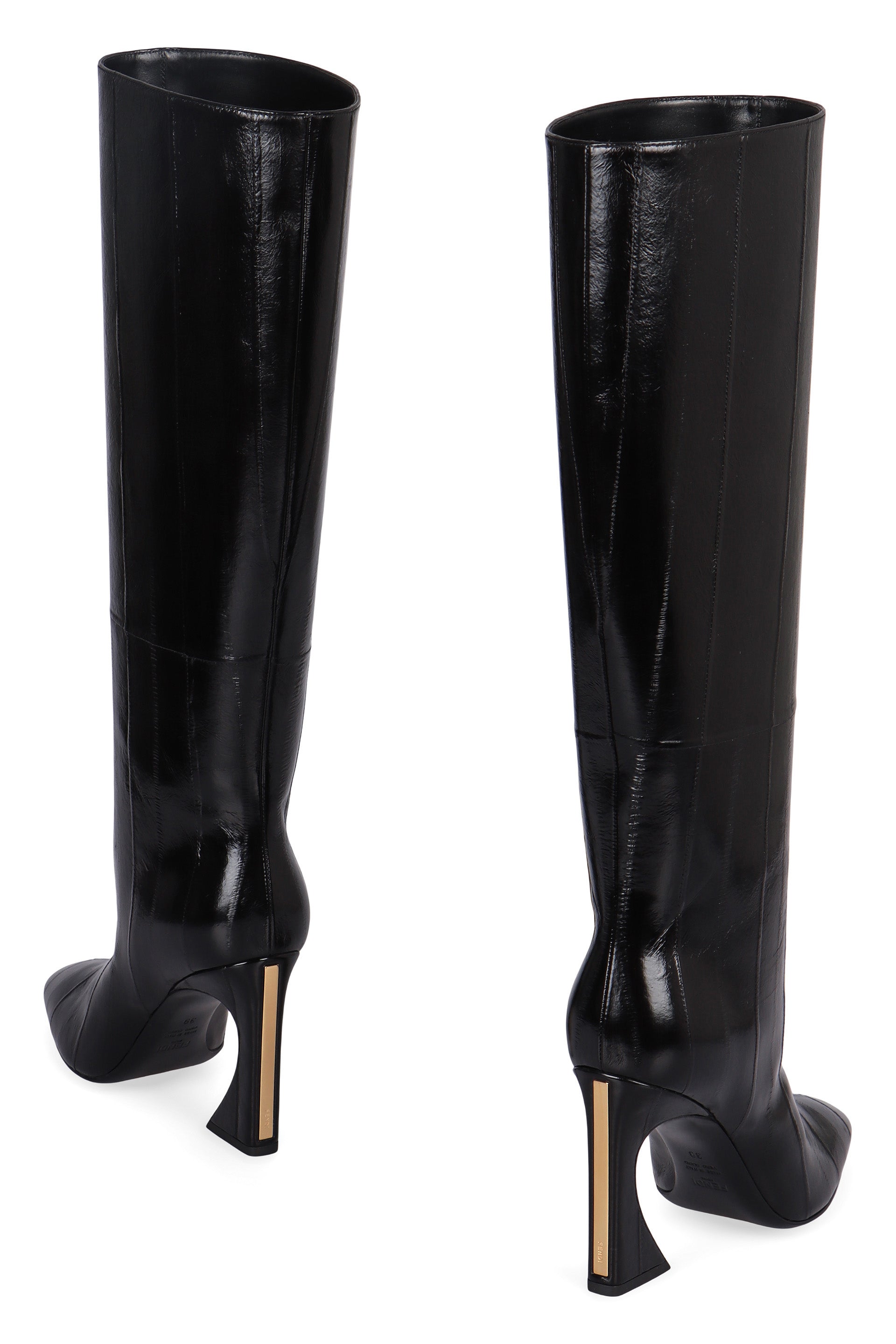 FENDI Tapered Toe Boots with Engraved Metal Detail - 9.5 cm Heel