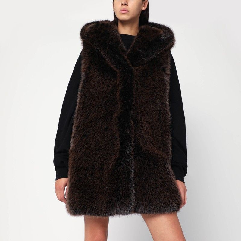 SWORD Faux Fur Hooded Gilet for Women - Sleek Sleeveless Vest