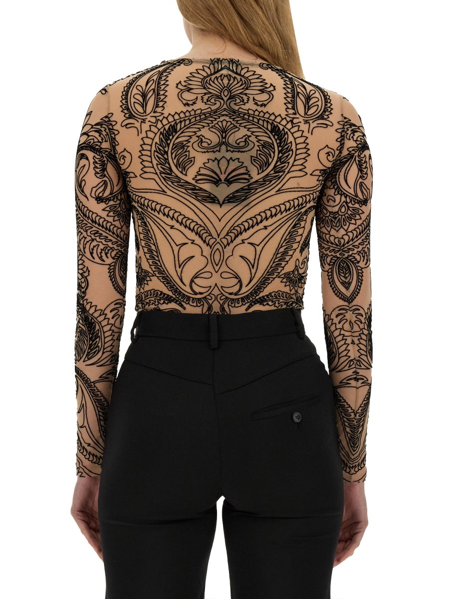 ETRO Slim Fit Flocked Tulle Top (Size 40 IT)