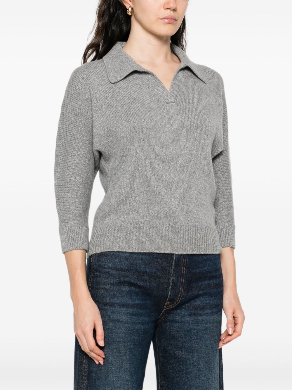 KHAITE Cashmere Polo Neck Top with Three-Quarter Sleeves