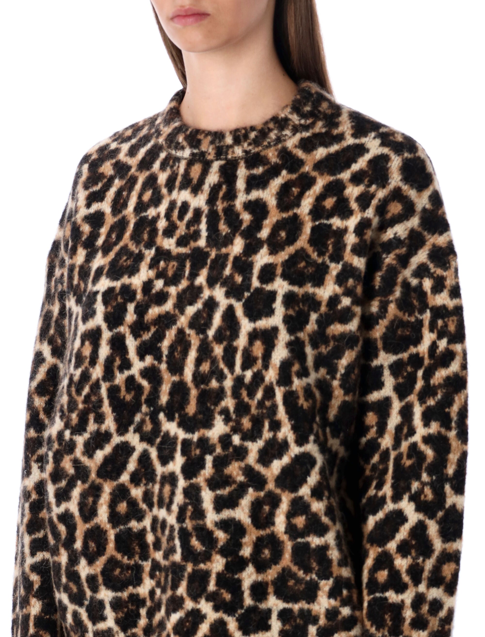 ANINE BING Leopard Print Crewneck Wool Blend Sweater - Size S