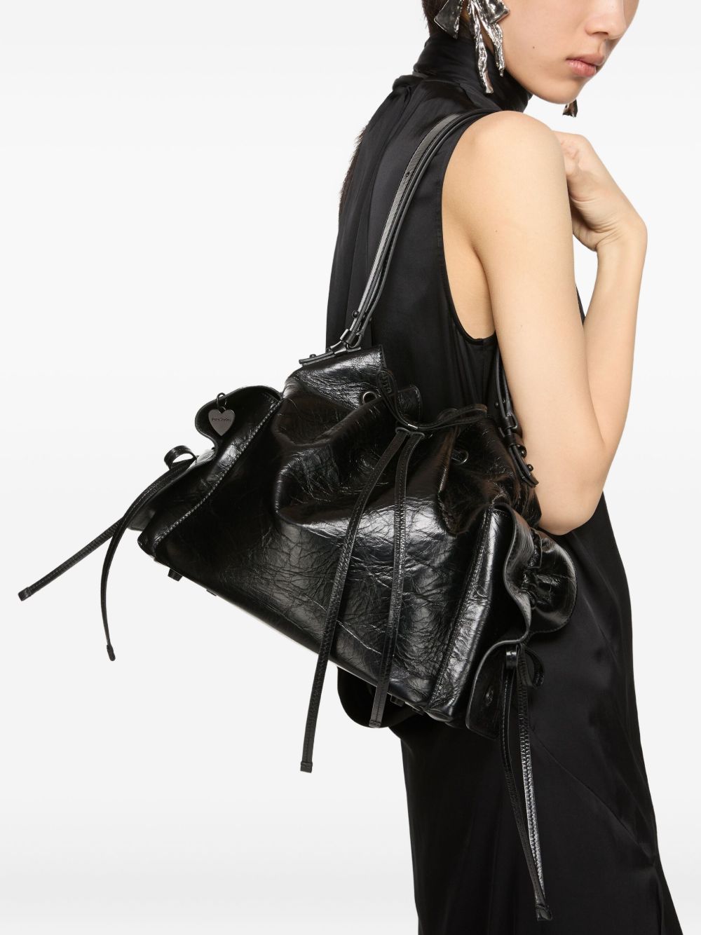 ACNE STUDIOS Mini Leather Drawstring Handbag with Ruffled Detailing