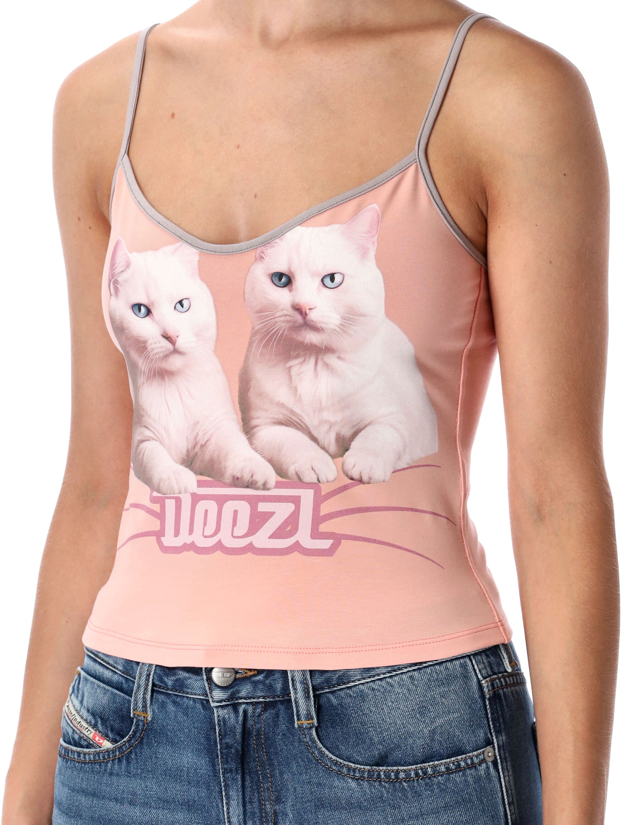 DIESEL Women’s Mini Fitted Cropped Cat Graphic Tank Top