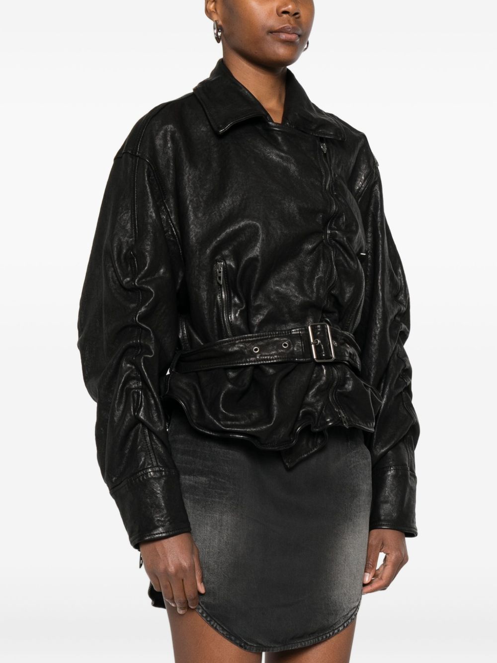 DIESEL Lamb Leather Jacket with Ruched Detailing and Belted Waist