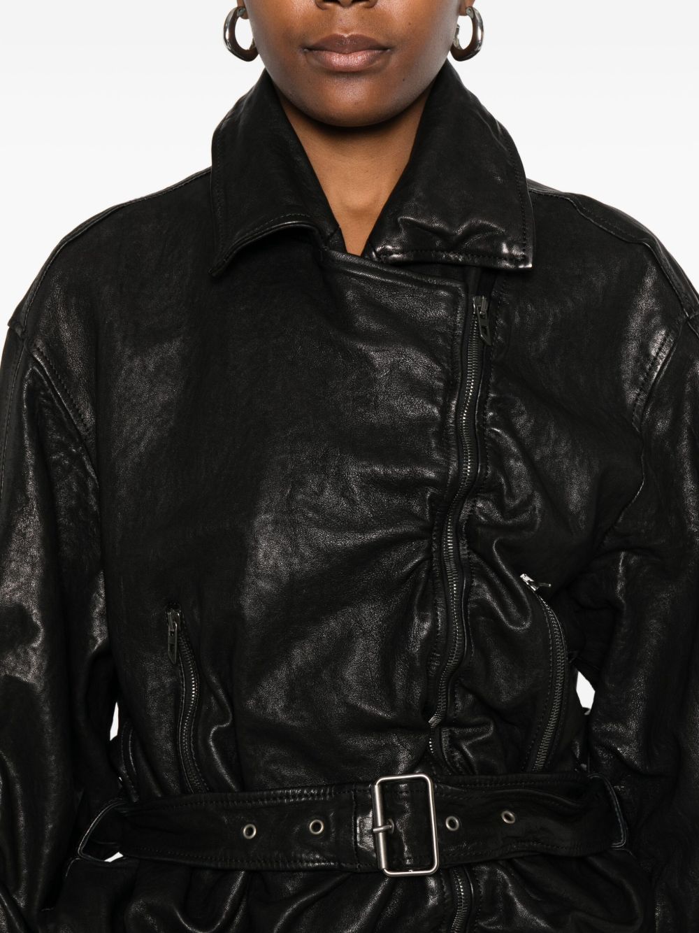 DIESEL Lamb Leather Jacket with Ruched Detailing and Belted Waist