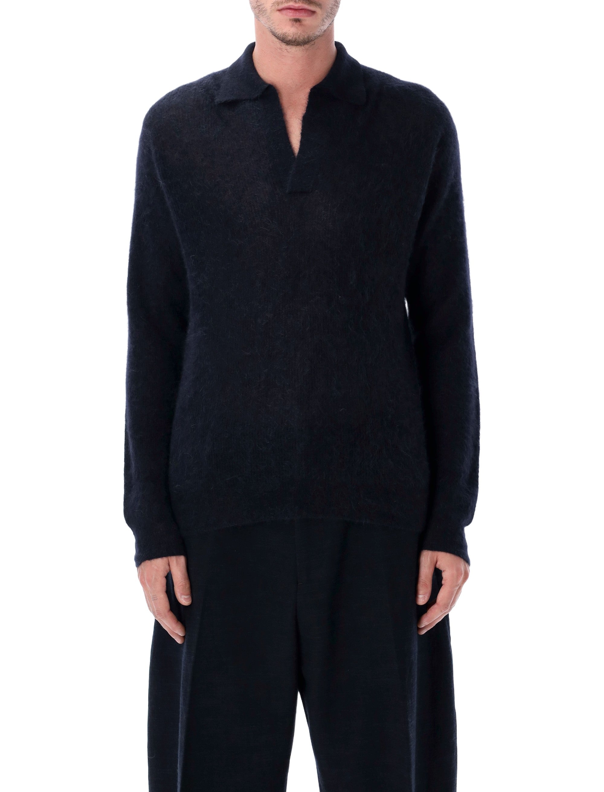 AURALEE Men's Lightweight Sheer Knit Skipper Polo - Size 4