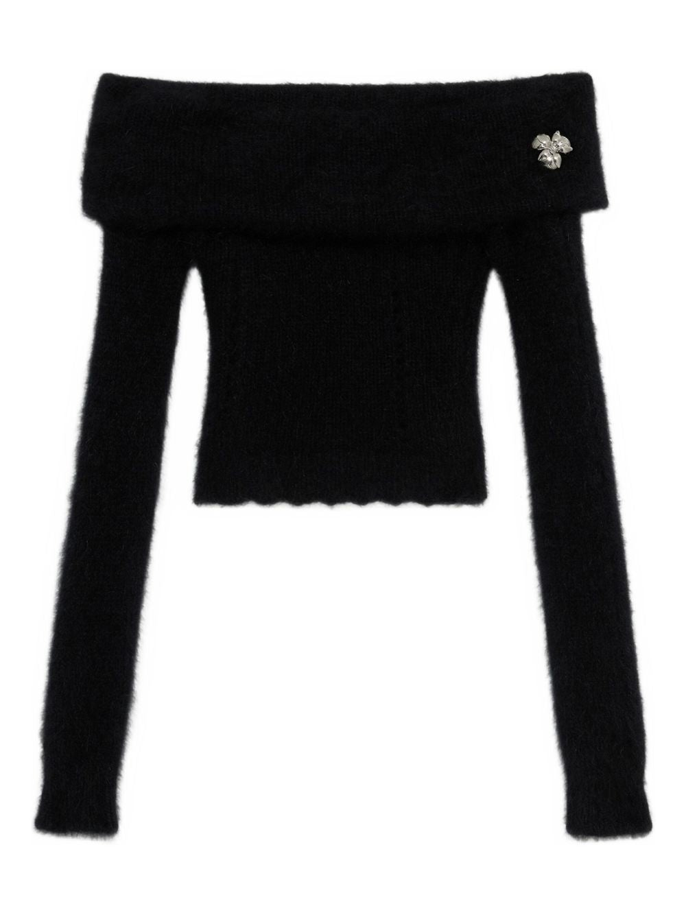 BLUMARINE Fuzzy Off-Shoulder Cropped Sweater with Floral Appliqué