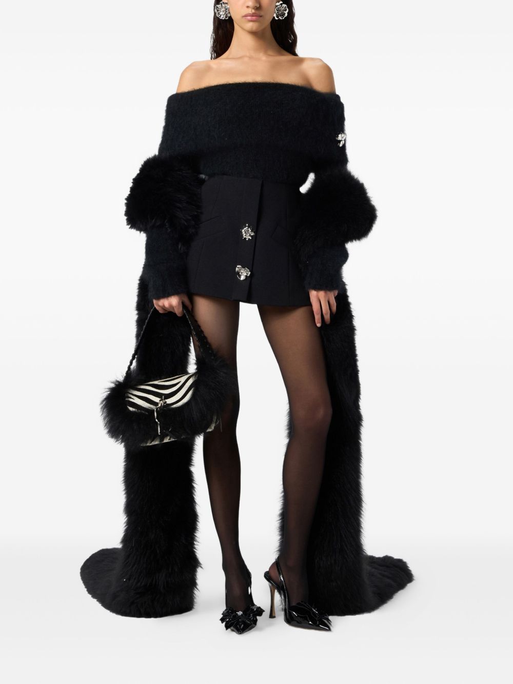 BLUMARINE Fuzzy Off-Shoulder Cropped Sweater with Floral Appliqué