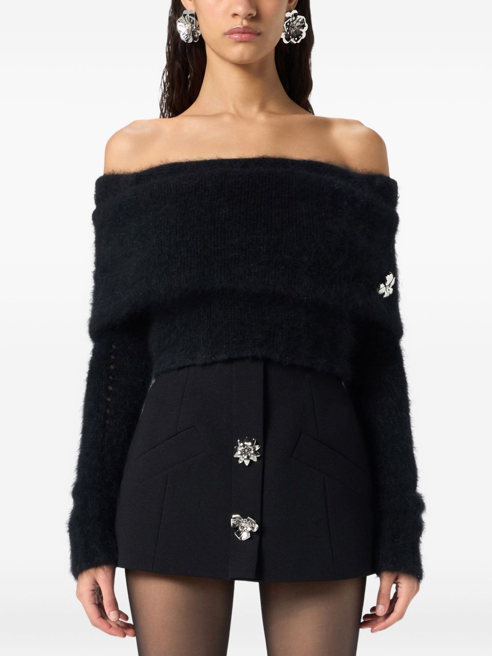 BLUMARINE Fuzzy Off-Shoulder Cropped Sweater with Floral Appliqué