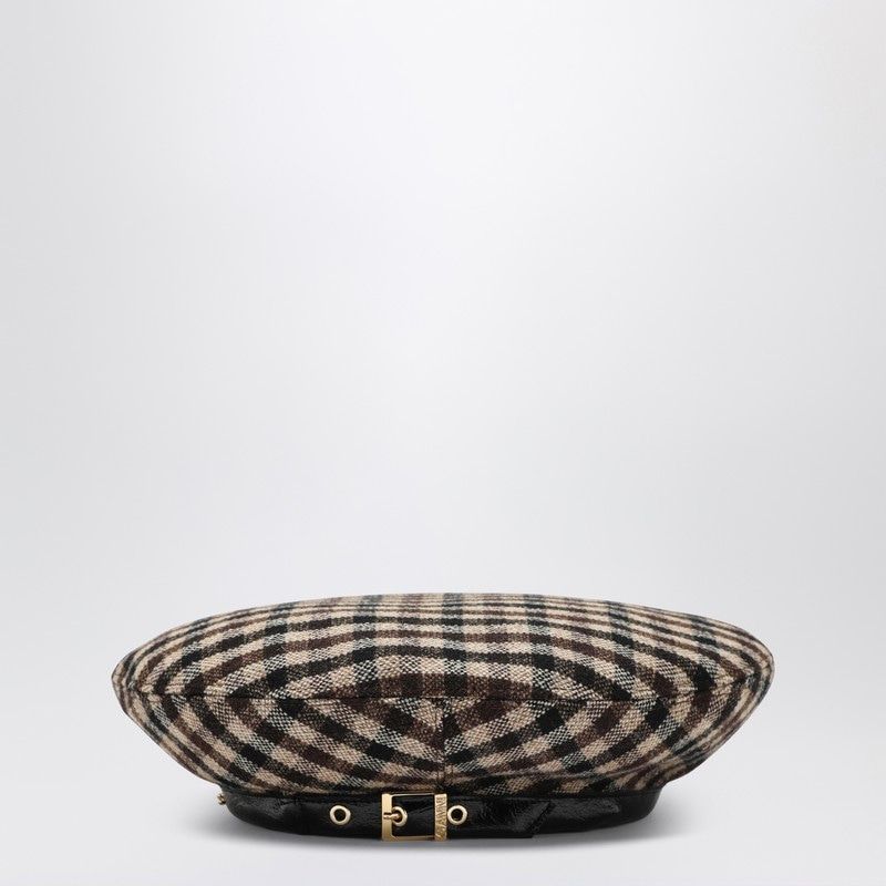 GANNI Check Wool Beret with Leather Trim