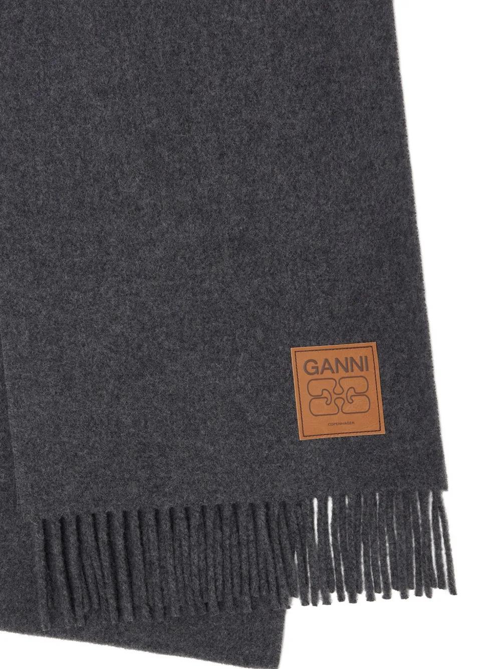 GANNI Fringed Scarf with Logo Patch
