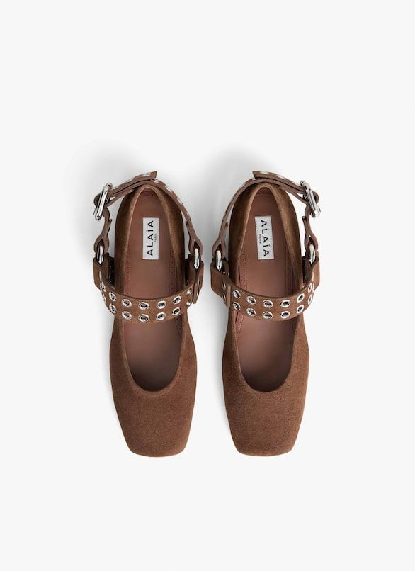 ALAIA Suede Ballet Flats with Double Tongue Buckle Closure